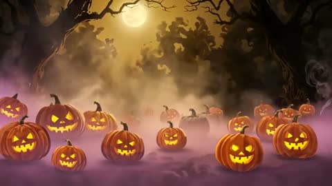 Glowing Jack-O'-Lanterns in Misty Moonlit Forest