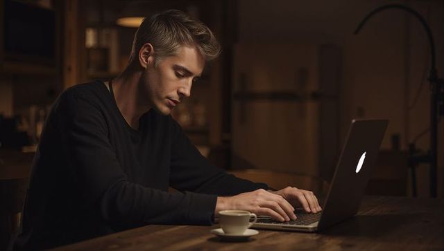 Young man working late typing on laptop at cozy kitchen table with coffee cup, warm lighting