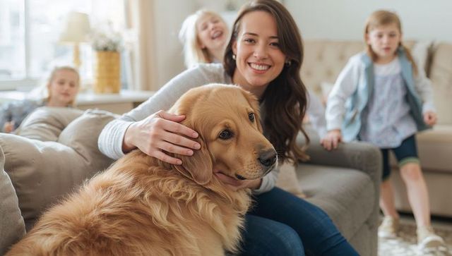 Smiling mom petting golden retriever on sofa with laughing children in cozy living room