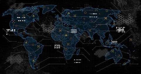 Futuristic world map interface with hexagonal clusters
