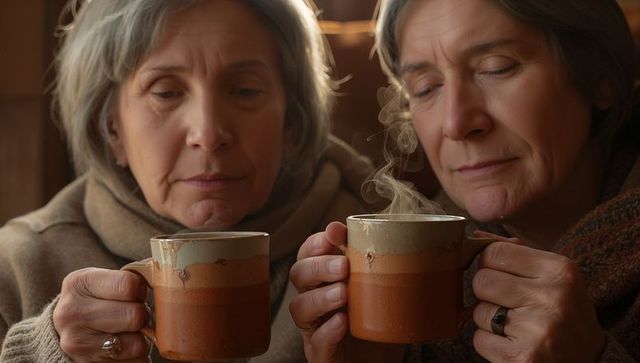 Senior women sipping steaming ceramic mugs in rustic cabin, cozy companion moment