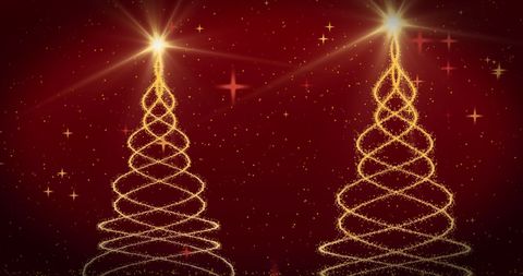 Glowing Christmas Trees with Falling Confetti on Red Background