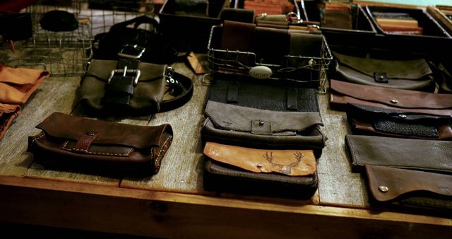 Handmade leather wallets and bags are displayed on a rustic wooden table. The craftsmanship and attention to detail are apparent in the stitching and selection of materials. This image is perfect for promoting artisanal markets, handmade goods, craftsmanship exhibits, or any creative business focused on leatherworking and accessories.