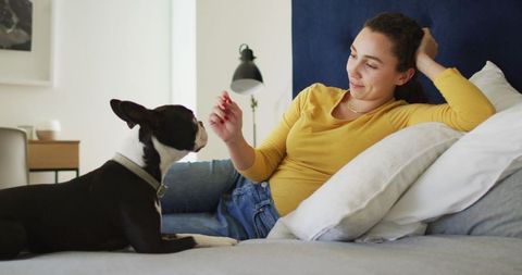 Woman Relaxing Indoors Playing with Dog on Bed