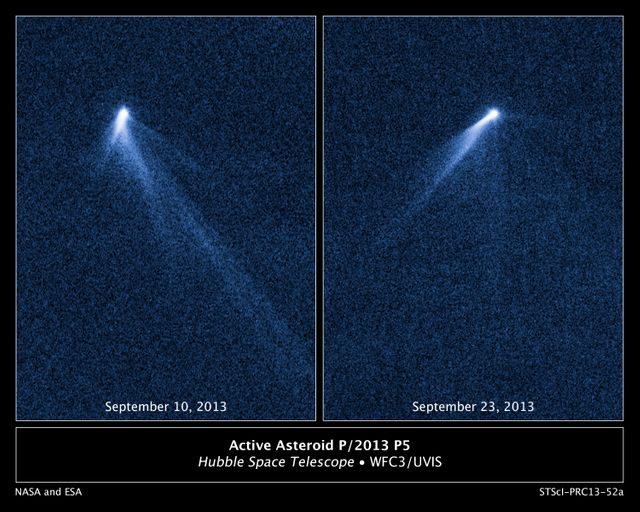 This celestial phenomenon captured by the Hubble Space Telescope showcases asteroid P/2013 P5 with its unique six comet-like tails. The asteroid, observed on September 10 and September 23, 2013, exhibits noticeable structural changes over time. These observations help scientists understand asteroid dynamics and how solar pressure impacts asteroid surfaces. The image is suitable for educational materials, space-related articles, and astronomical presentations.