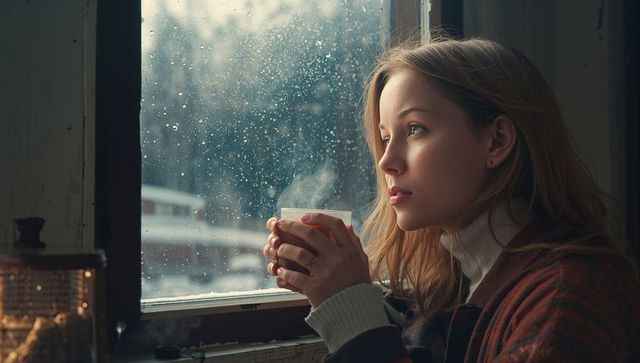 Woman contemplating by rainy window in cozy cabin