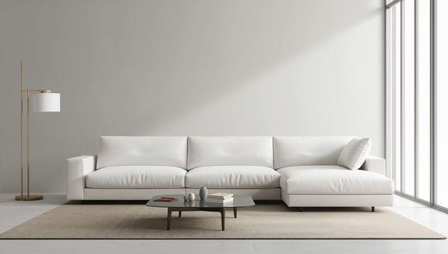 Minimalist living room with white sectional sofa and natural light
