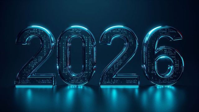 Glowing 3d 2026 numerals with neon blue circuit code and reflective glass surface