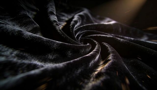 Swirling black velvet with golden highlights and sparks, luxurious plush texture closeup