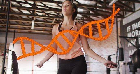 Athletic woman jumping rope with dna helix overlay symbolizing genetic fitness and cardio
