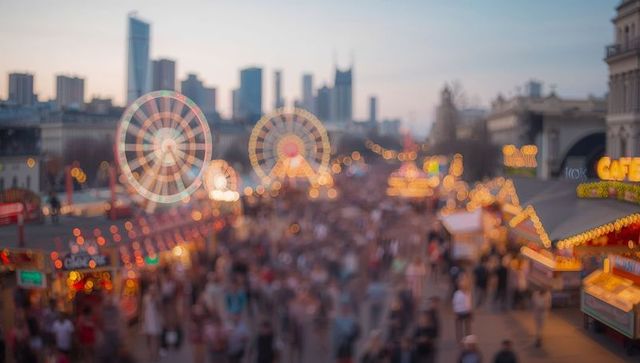 Carnival evening crowds with ferris wheels and food stalls