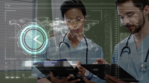 Futuristic Healthcare Insights with Diverse Doctors and Digital Analytics
