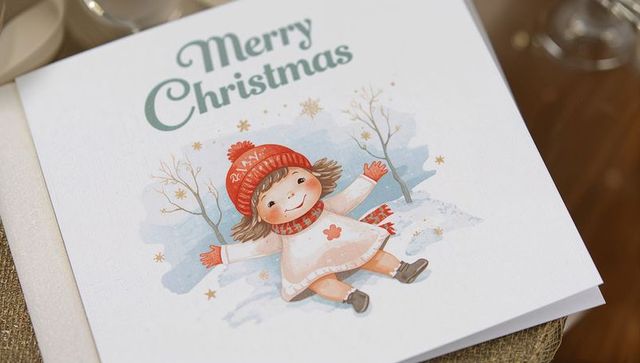 Merry Christmas watercolor greeting card featuring smiling child in red hat on snowy scene