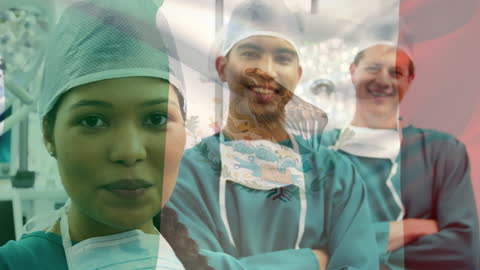 Mexican Flag Overlay with Multicultural Medical Team Smiling