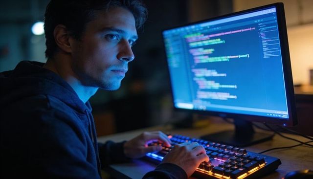 Night coder working on large monitor with rgb keyboard in dim home workspace