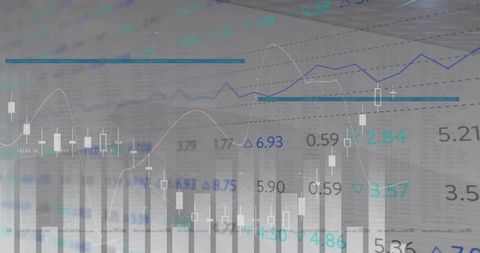 Futuristic finance dashboard displaying candlestick charts, volume bars and market trends