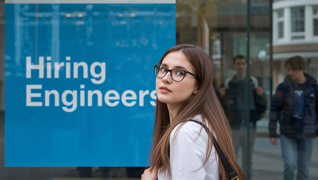 Young woman standing by hiring engineers sign looking thoughtful, applicant with backpack