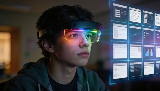 Teen wearing augmented reality headset viewing holographic ui dashboard with neon analytics