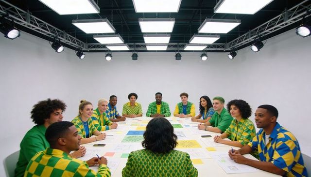 Design team reviewing green and yellow color palette around conference table