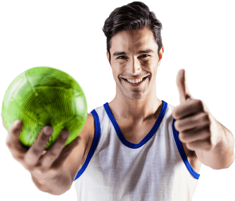Cheerful Man in Tank Top Giving Thumbs Up with Green Ball Transparent Background
