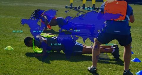 Athletes performing plank drill on grass field with blue global data overlay and coach