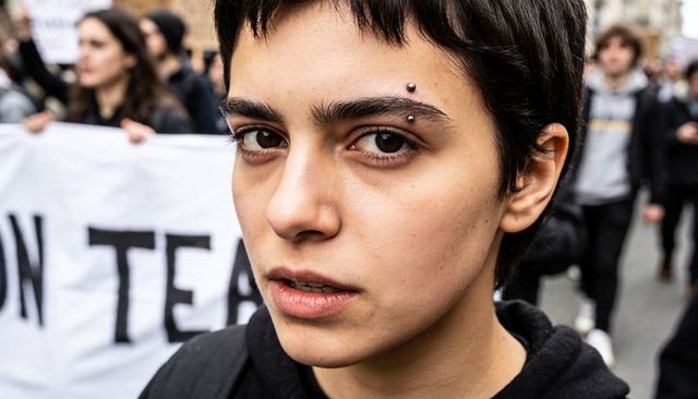 Close-up intense protester portrait with eyebrow piercing marching in urban demonstration