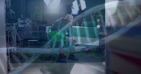 Surgeon in Hospital Integrating DNA Research and Data Processing