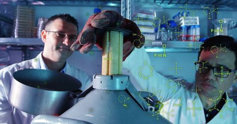 Scientists conducting experiments with digital molecular overlay