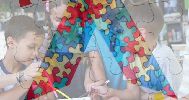 Children Studying with Colorful Cognitive Development Puzzle Overlay - Download Free Stock Images Pikwizard.com