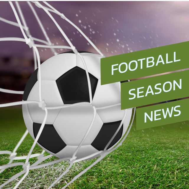 Square image of football season news over ball in net. Football, league, sport and spot news concept.