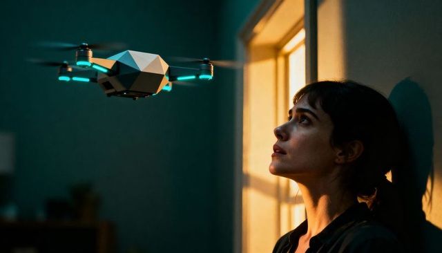 Gazing woman watching teal-lit drone hovering near window in cinematic warm light