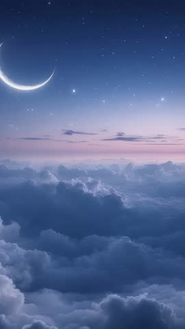 Crescent moon hovering above pastel twilight cloudscape with stars | Vertical video