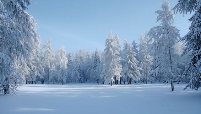 Snow-covered pine forest clearing with frosted branches and long blue shadows
