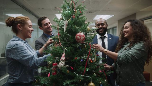 Diverse coworkers decorating office christmas tree together