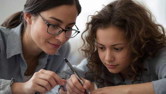 Female tutor guiding teenage girl writing homework at table, mentoring with calm focus