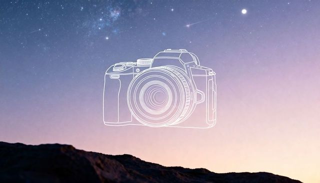 Floating dslr outline above twilight sky with milky way, meteor streak and rock silhouette