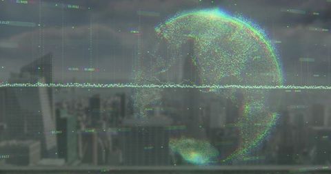 Futuristic Holographic Globe Over City Skyline Featuring Digital Data