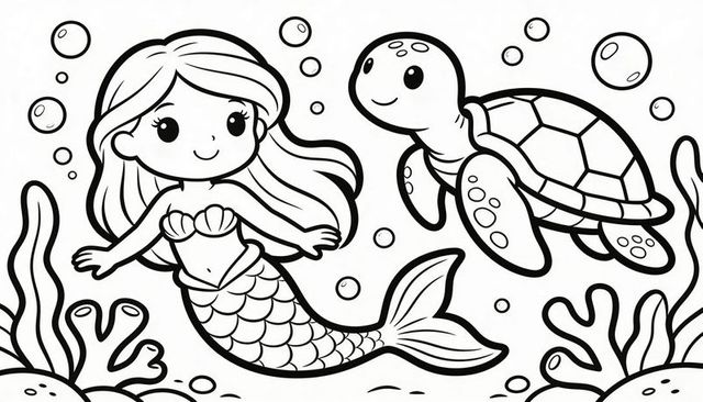 Swimming mermaid exploring reef with friendly sea turtle coloring page