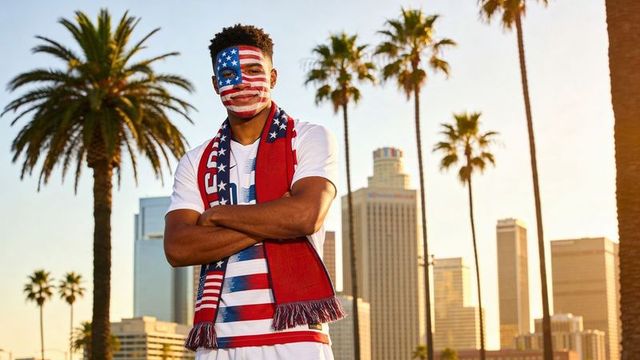 Young man with american flag face paint posing in downtown palm-lined skyline at sunset