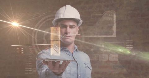 Engineer projects 3d building model using augmented reality in office