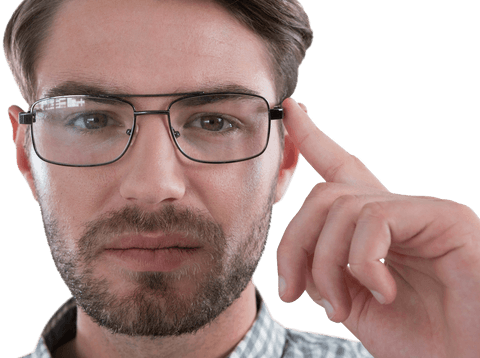 Transparent Background Man with Glasses Touching Frame Contemplatively - Download Free Stock Videos Pikwizard.com