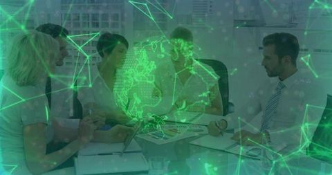 Business Meeting Discussing Strategy with Digital Holographic Globe