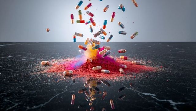 Colorful Capsules Bursting Over Vivid Pigment Powder on Reflective Black Marble