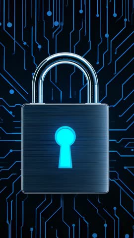Vertical Cybersecurity Padlock Animation Pulsing Keyhole on Futuristic Circuit Background
