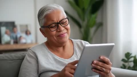 Senior woman smiling while tapping tablet on sofa, enjoying digital connection