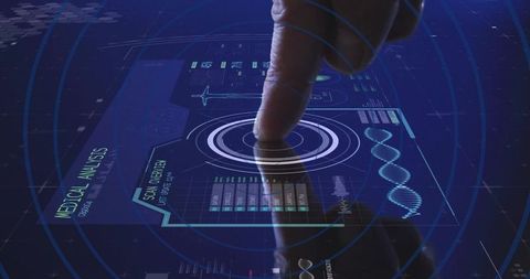 Finger Touches Holographic Medical Interface Displaying DNA Data