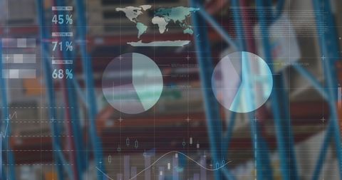 Visualization of financial and trade data appeared digitally overlaid on warehouse shelves, adopting a high-tech approach ensuring inferences about economic trends and performance. Service industry implications, investment rulings, analysts in logistics view features ATS and implications.