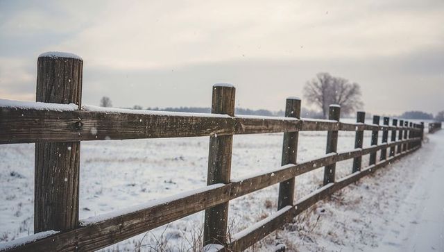 Snow-dusted split-rail fence leading through frosty pasture with falling snowflakes at dusk