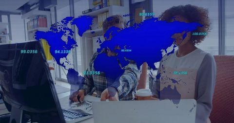 Coworkers Analyzing Global Data with Innovative Digital Map Interface
