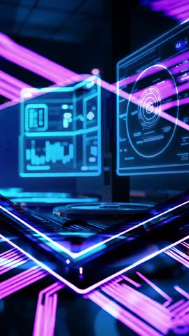 Futuristic control station activating on boot with neon holograms and platform | Vertical video